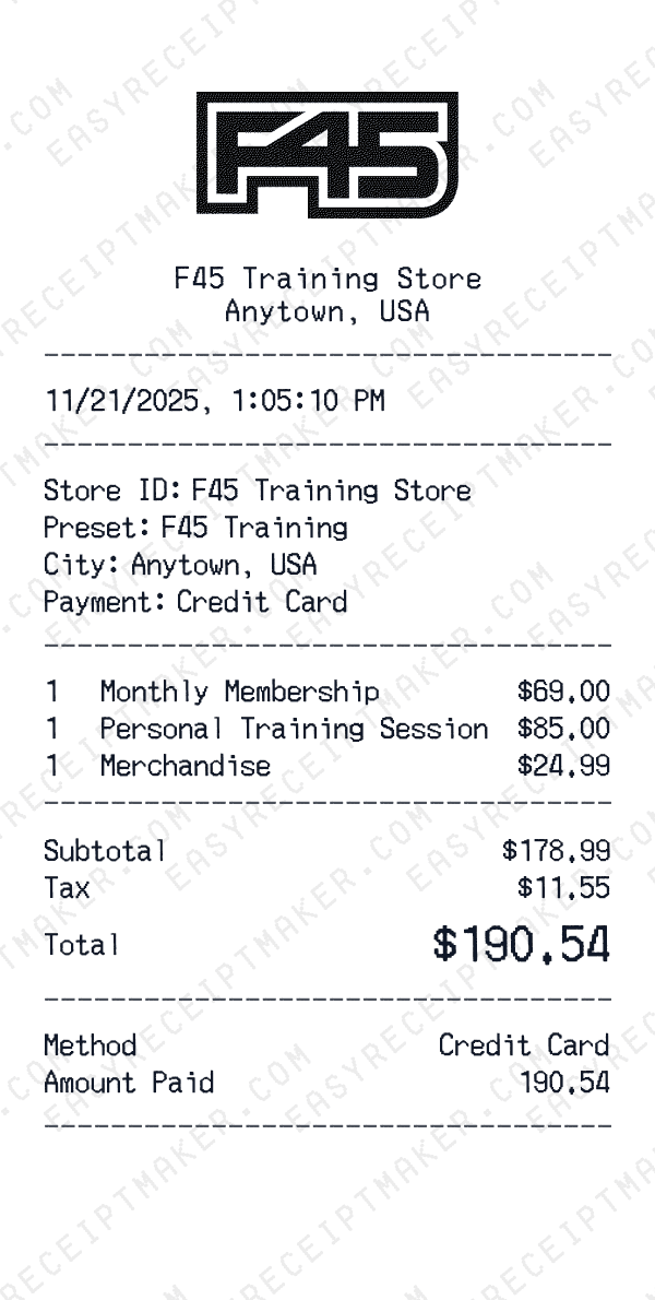F45 Training receipt preview
