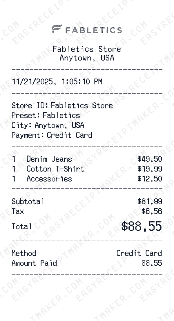 Fabletics receipt preview
