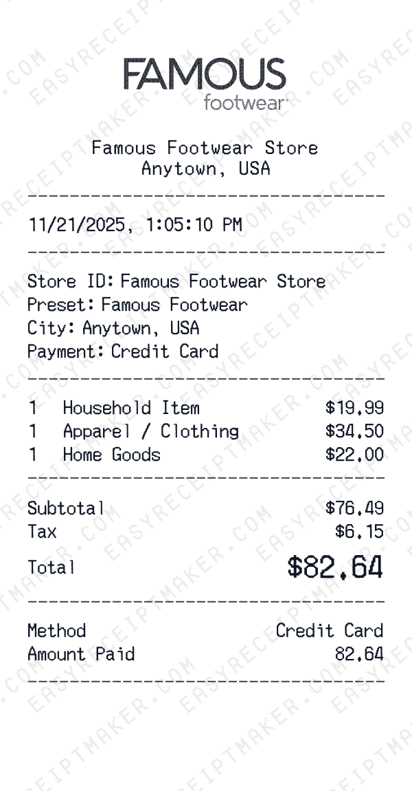 Famous Footwear receipt preview