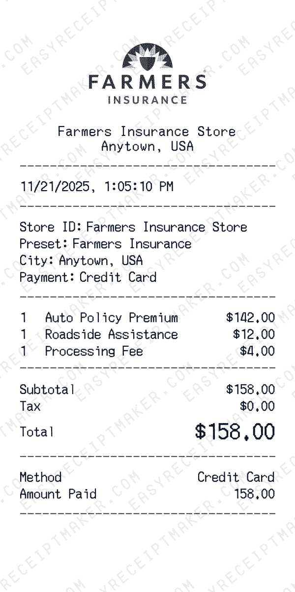 Farmers Insurance receipt preview