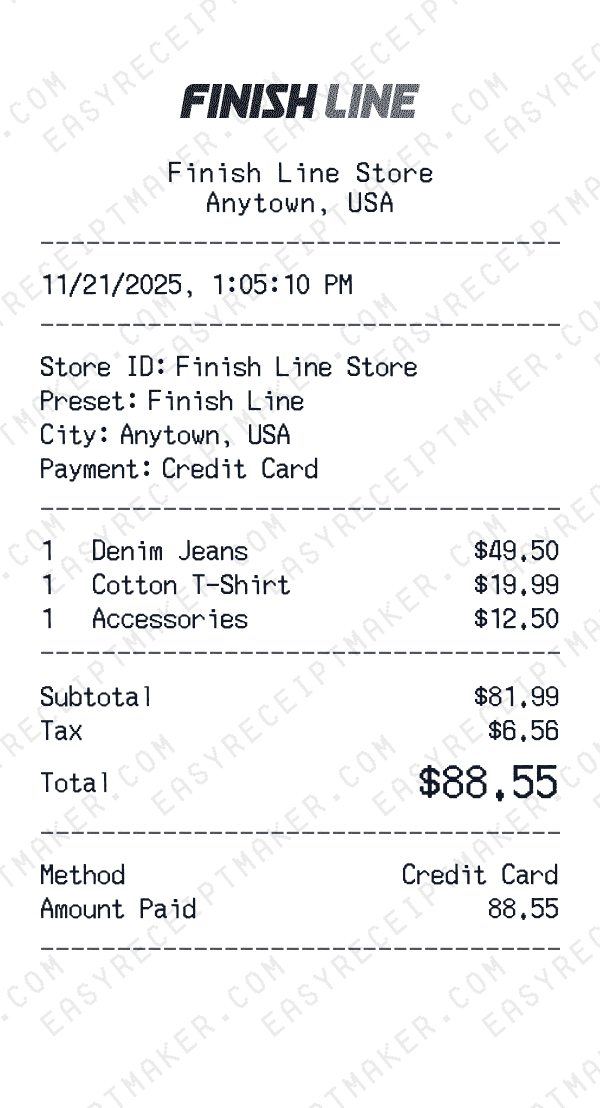 Finish Line receipt preview