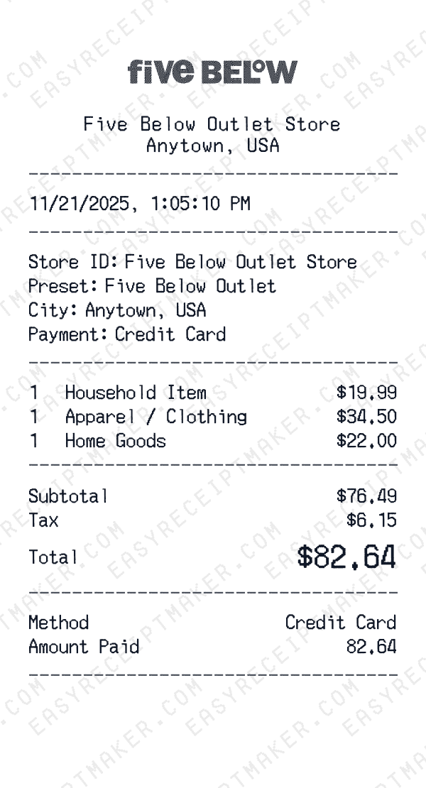 Five Below Outlet receipt preview