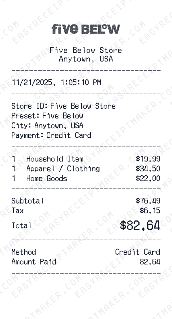 Five Below receipt preview
