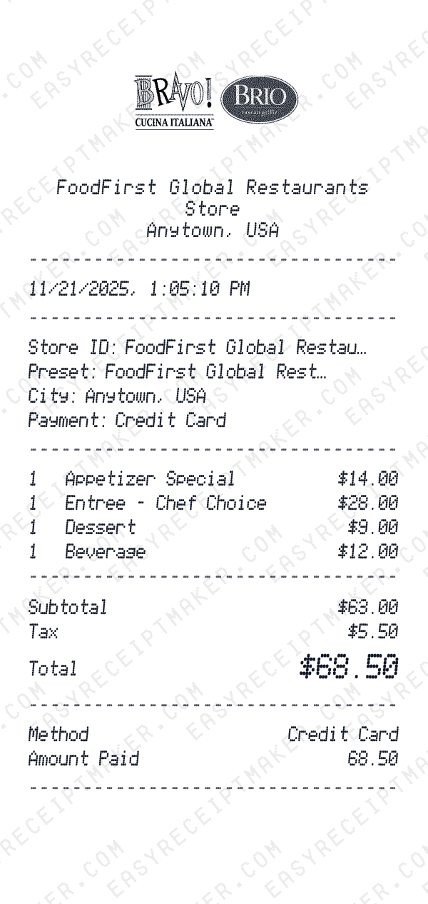 FoodFirst Global Restaurants receipt preview