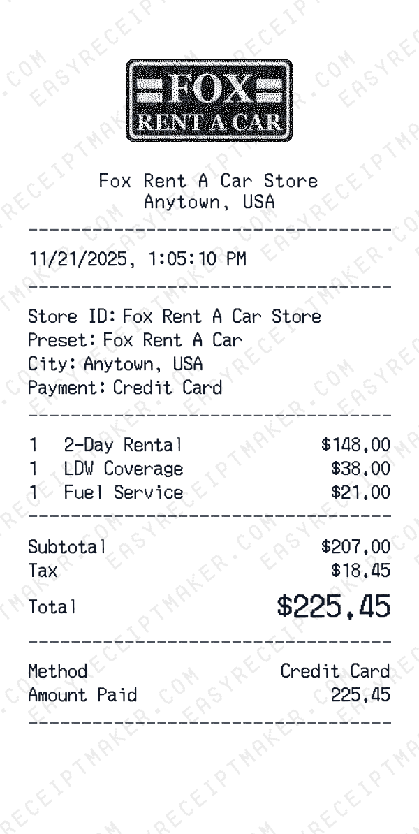 Fox Rent A Car receipt preview