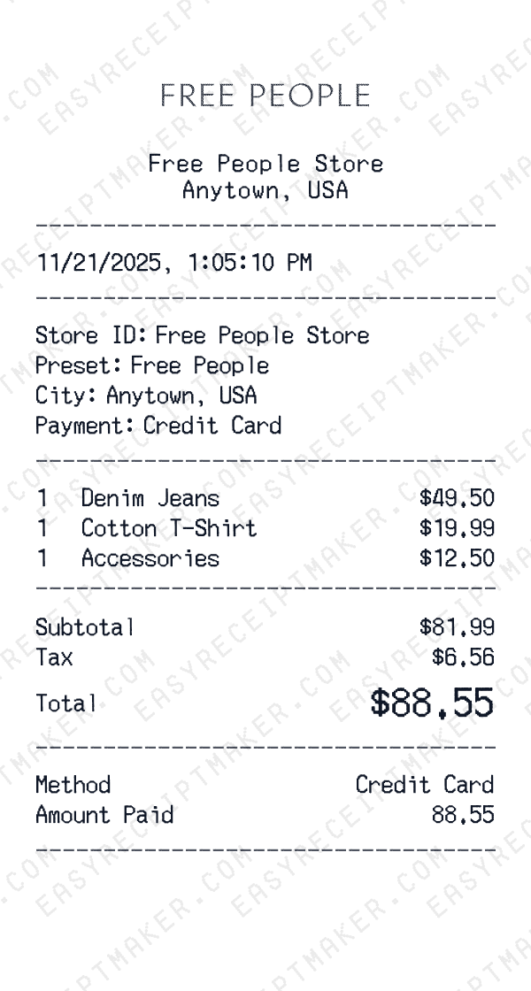 Free People receipt preview