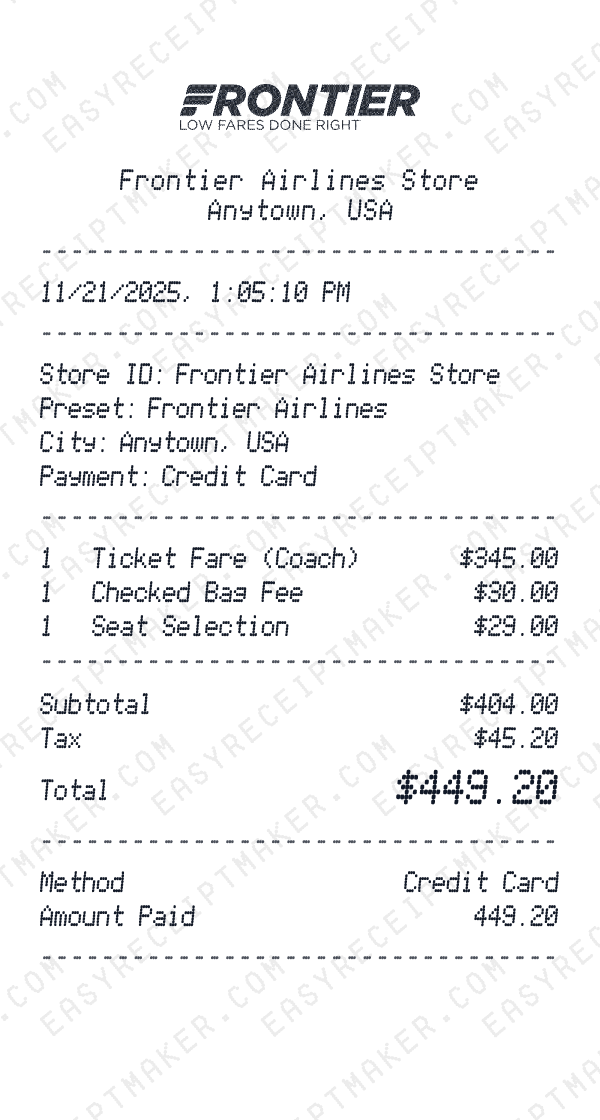 Frontier Airlines receipt preview