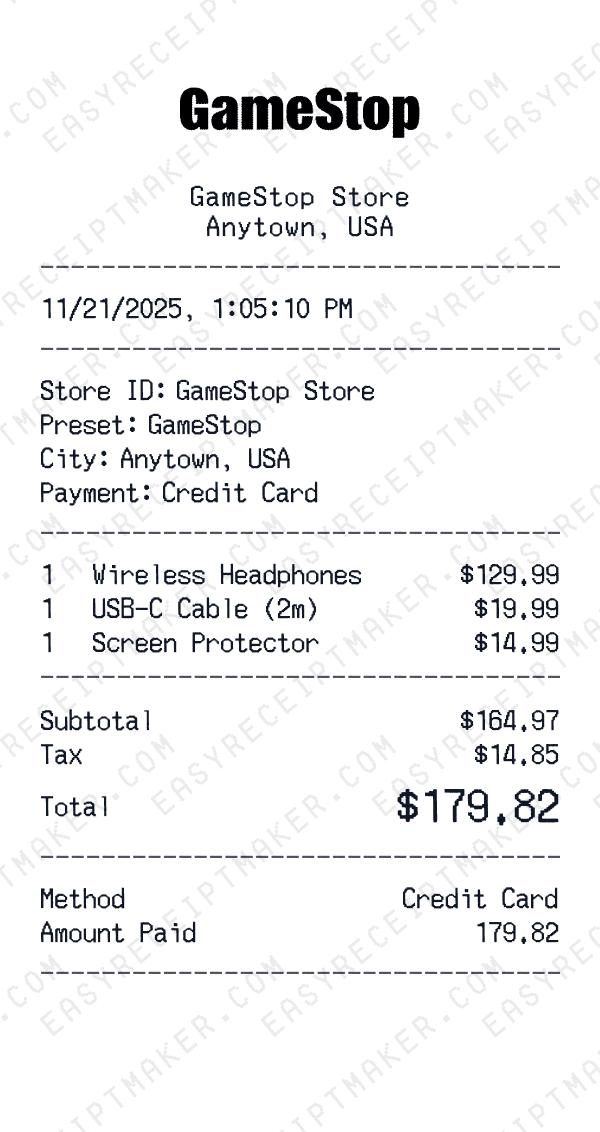 GameStop receipt preview