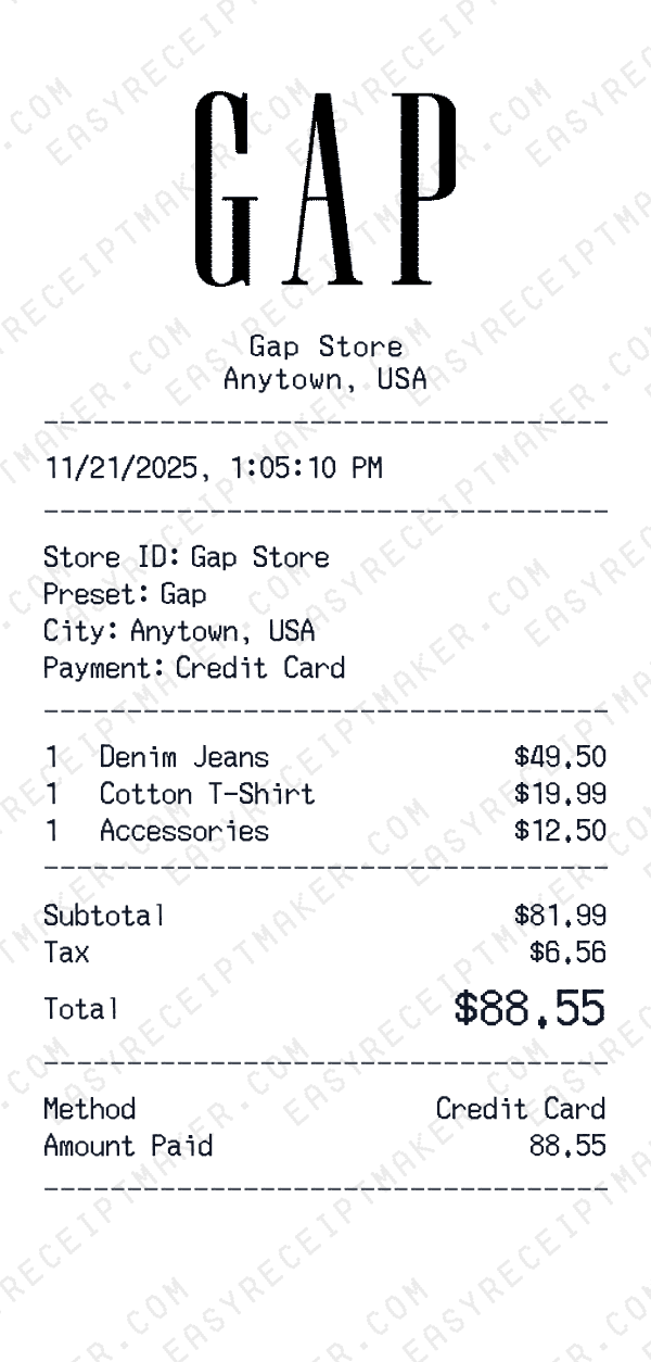 Gap receipt preview