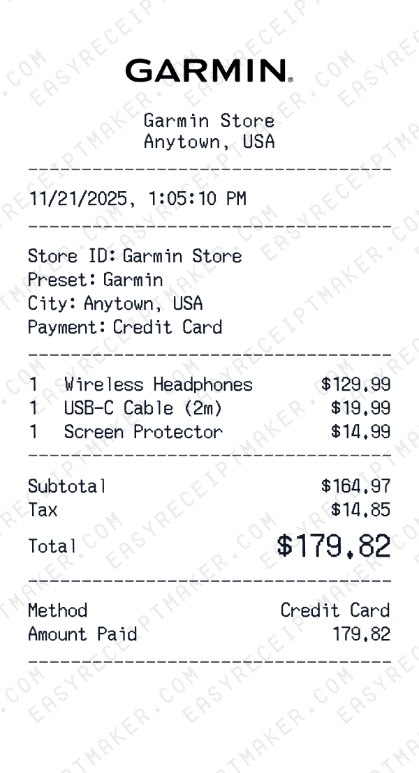 Garmin receipt preview