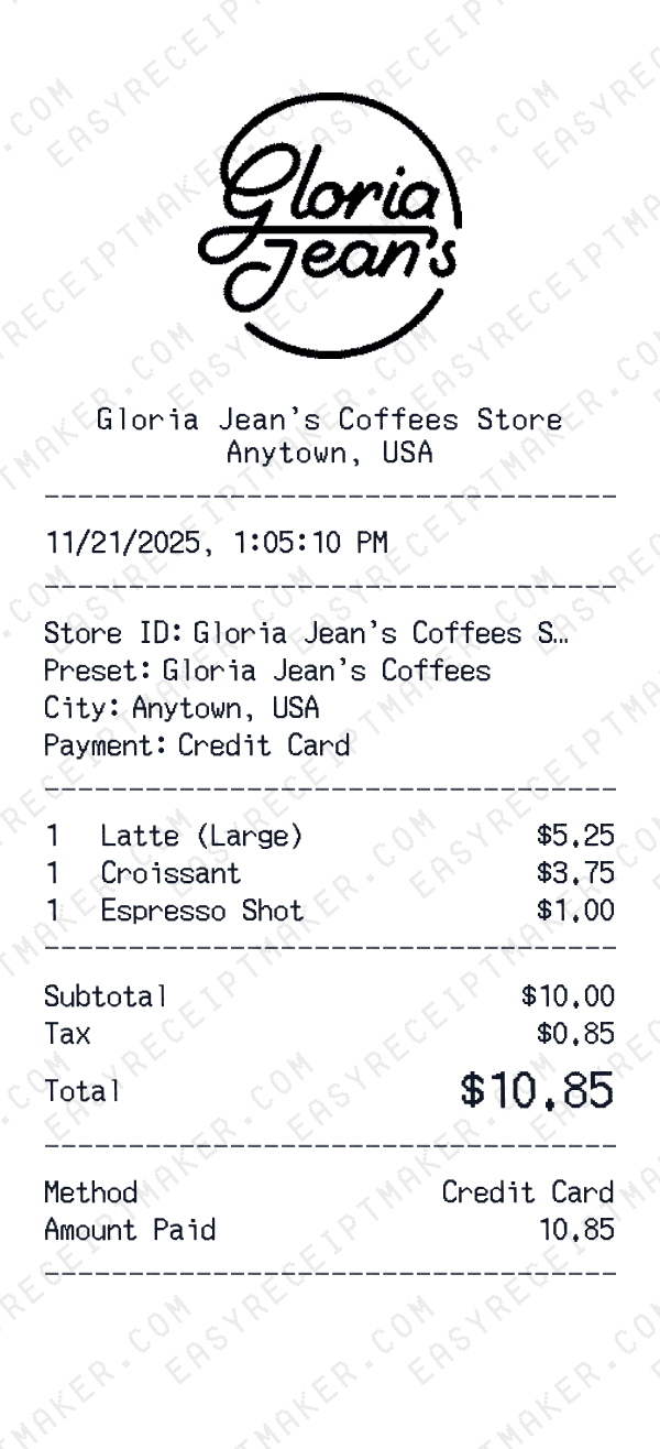 Gloria Jean's Coffees receipt preview