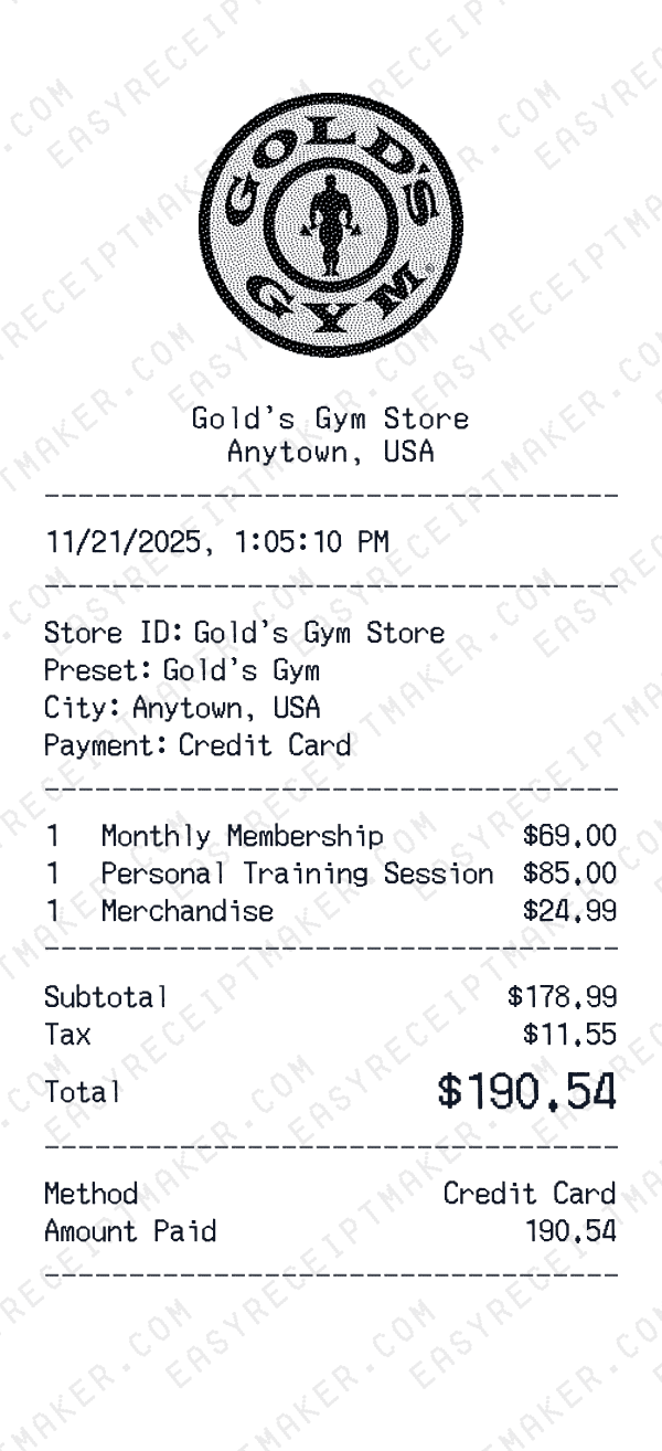 Gold's Gym receipt preview