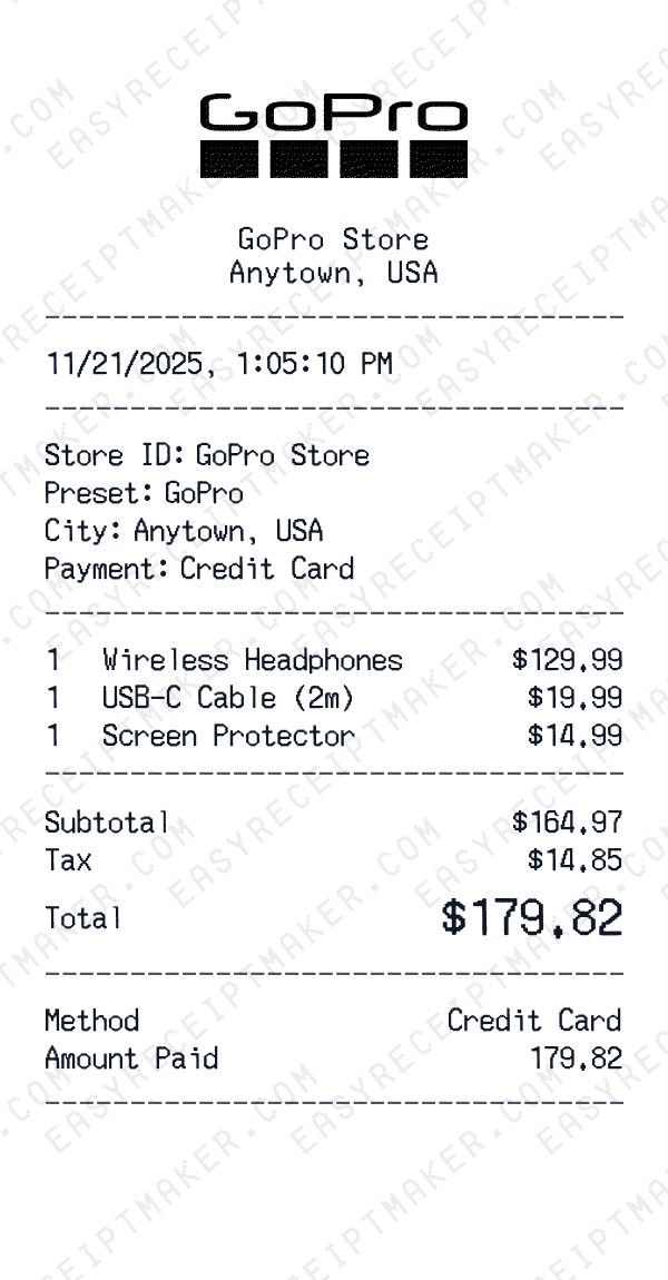 GoPro receipt preview
