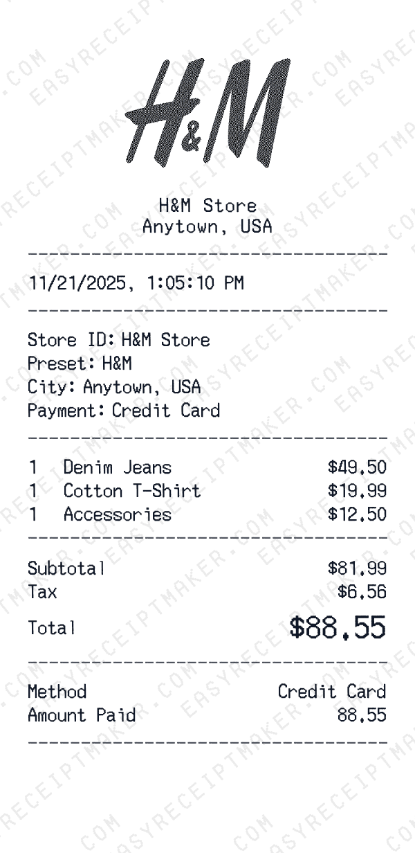 H&M receipt preview