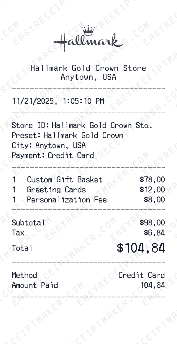 Hallmark Gold Crown receipt preview