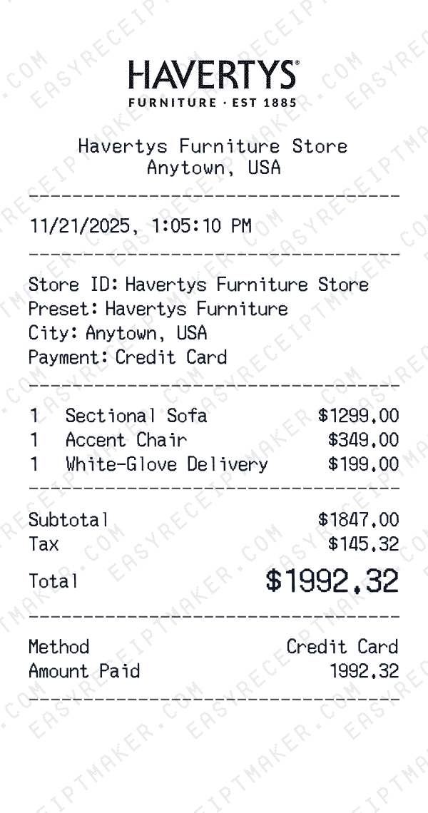 Havertys Furniture receipt preview