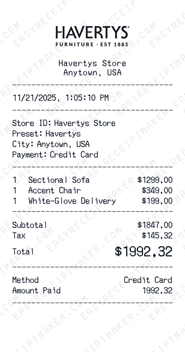 Havertys receipt preview