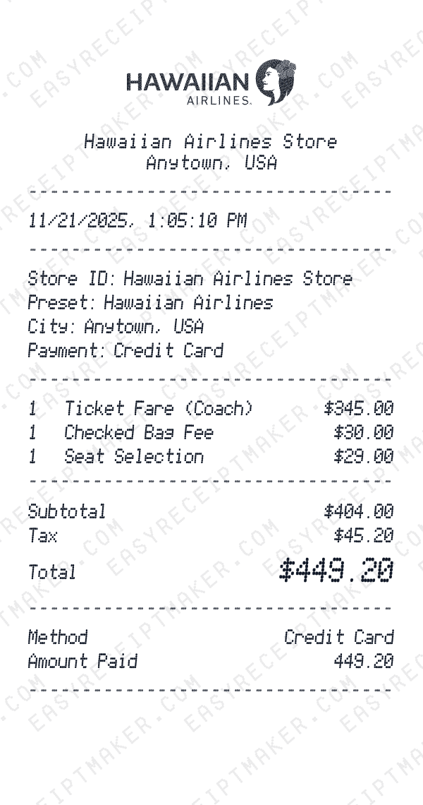 Hawaiian Airlines receipt preview