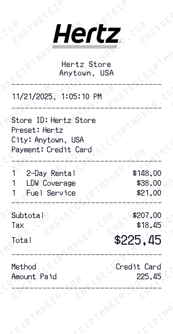 Hertz receipt preview