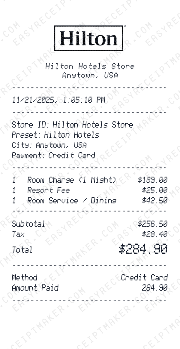 Hilton Hotels receipt preview