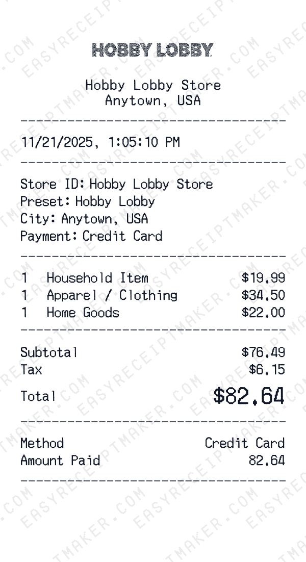 Hobby Lobby receipt preview