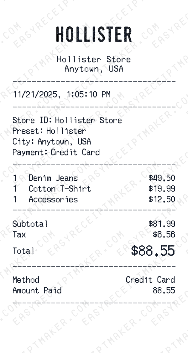 Hollister receipt preview