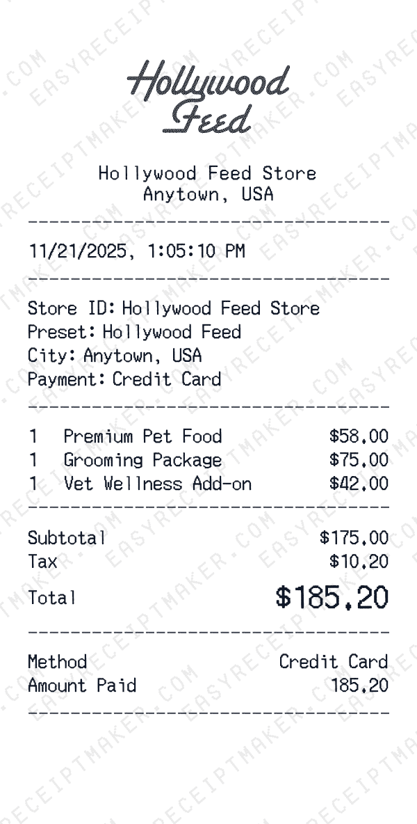 Hollywood Feed receipt preview