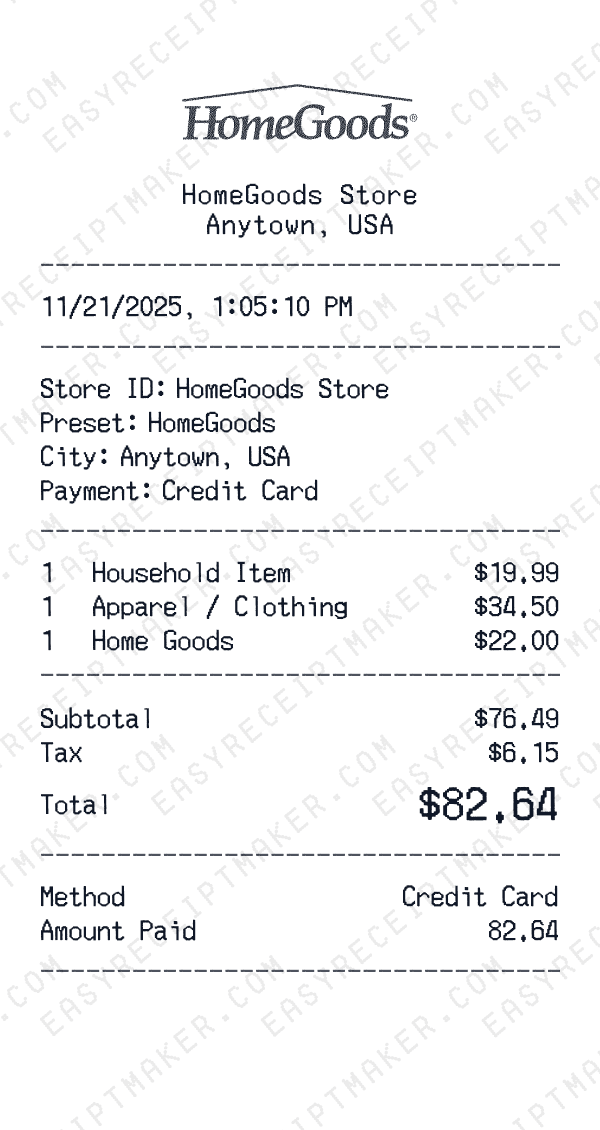HomeGoods receipt preview