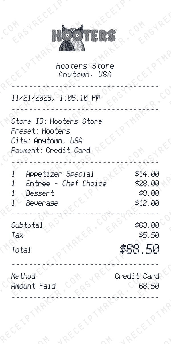 Hooters receipt preview