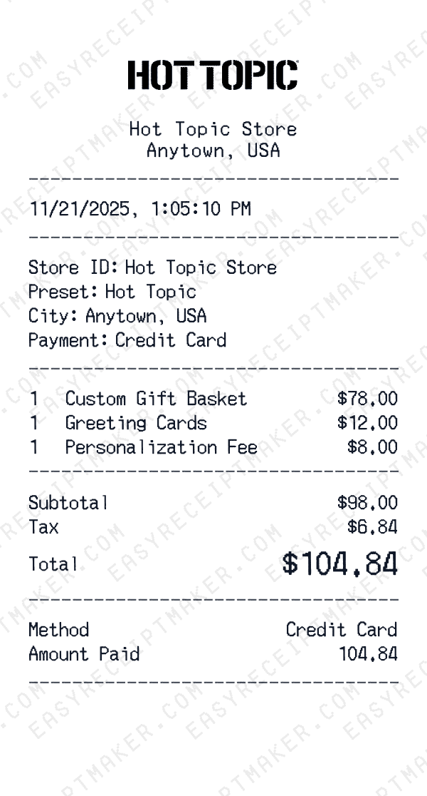Hot Topic receipt preview