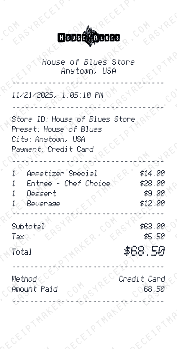 House of Blues receipt preview