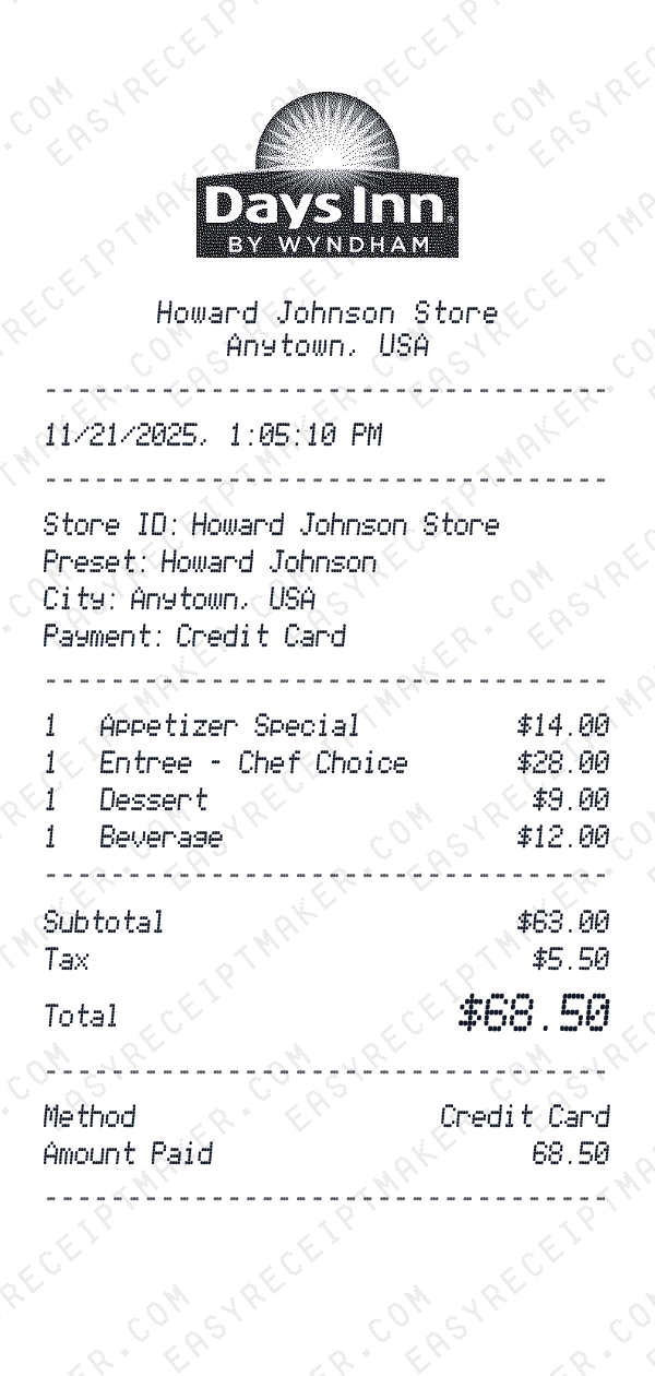 Howard Johnson receipt preview