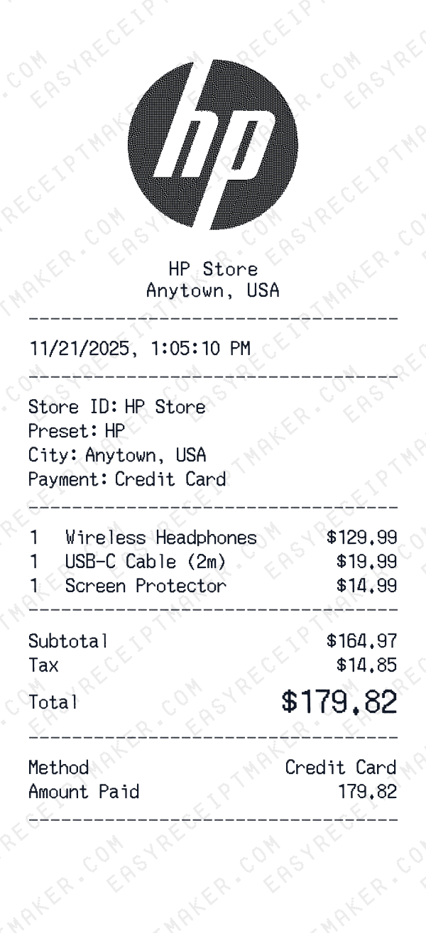 HP receipt preview