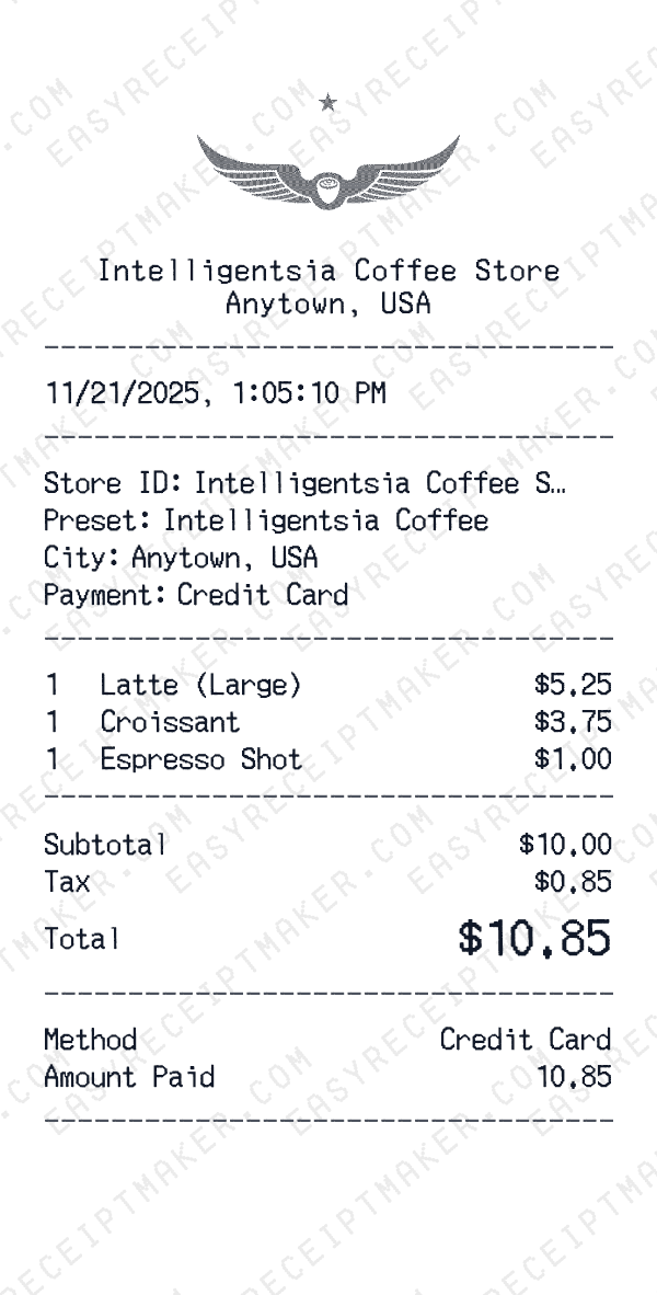 Intelligentsia Coffee receipt preview