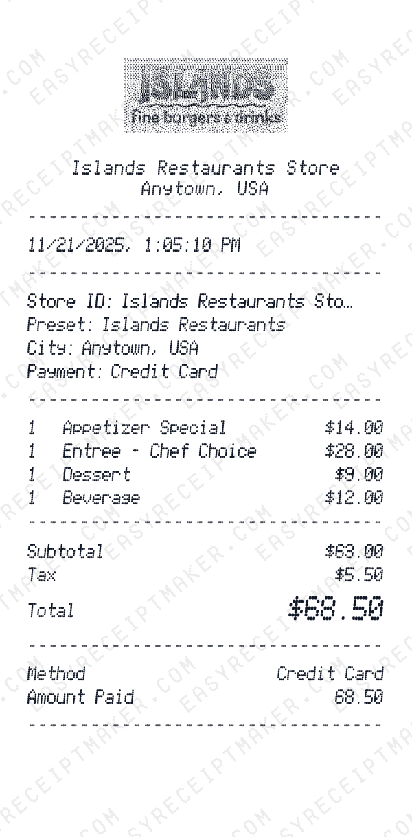 Islands Restaurants receipt preview