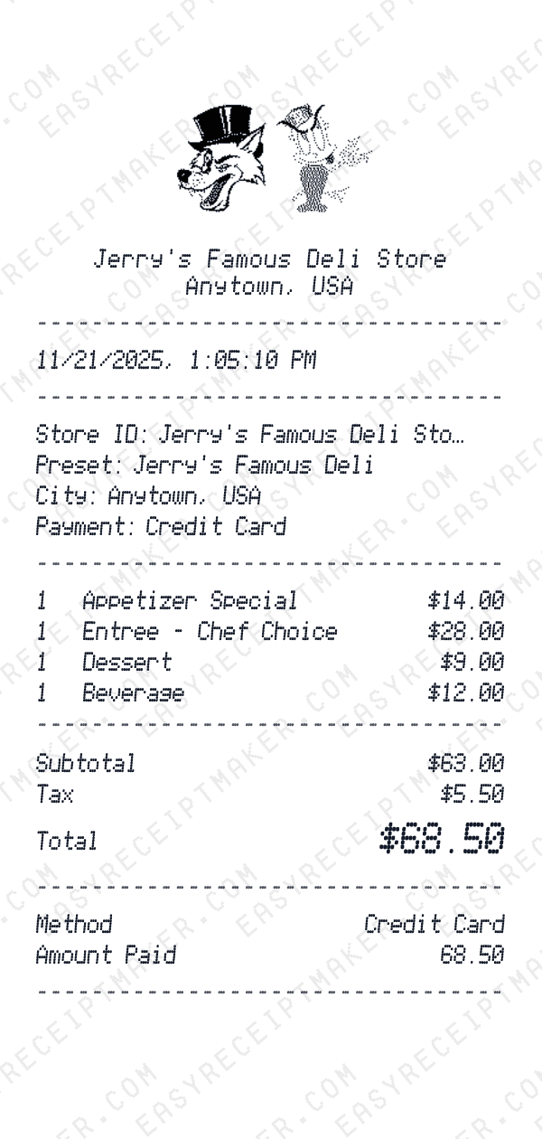 Jerry's Famous Deli receipt preview