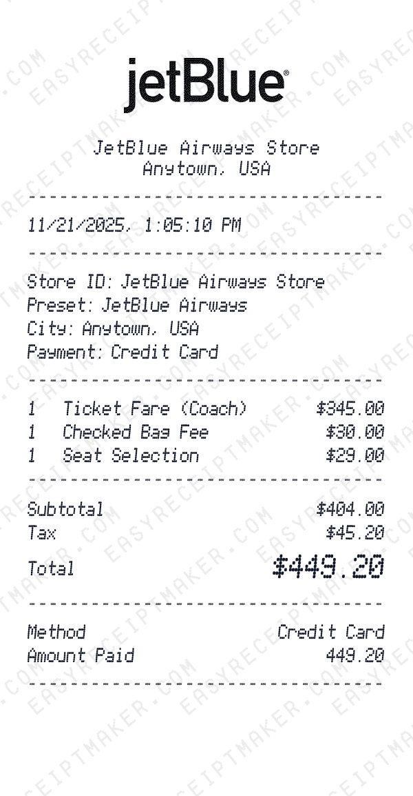 JetBlue Airways receipt preview