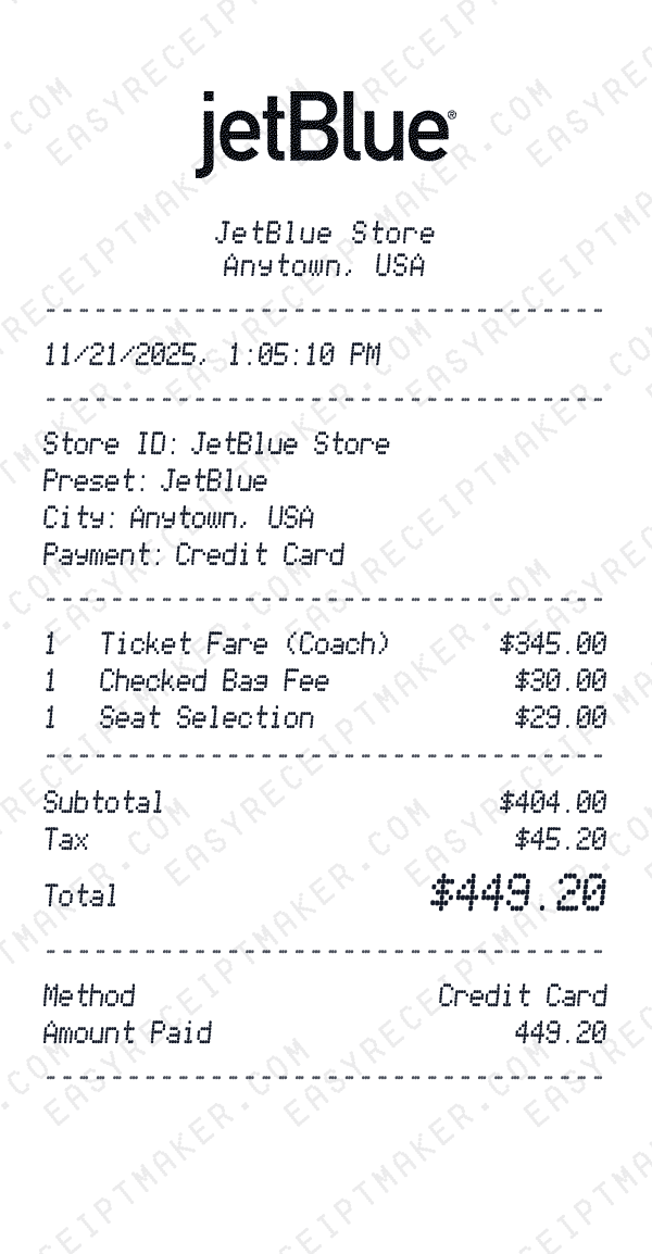 JetBlue receipt preview