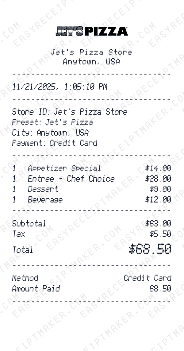 Jet's Pizza receipt preview
