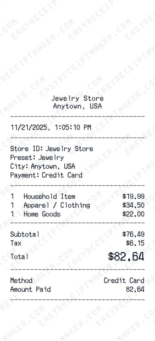 Jewelry receipt preview