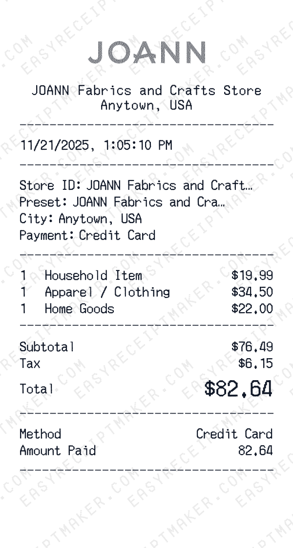 JOANN Fabrics and Crafts receipt preview