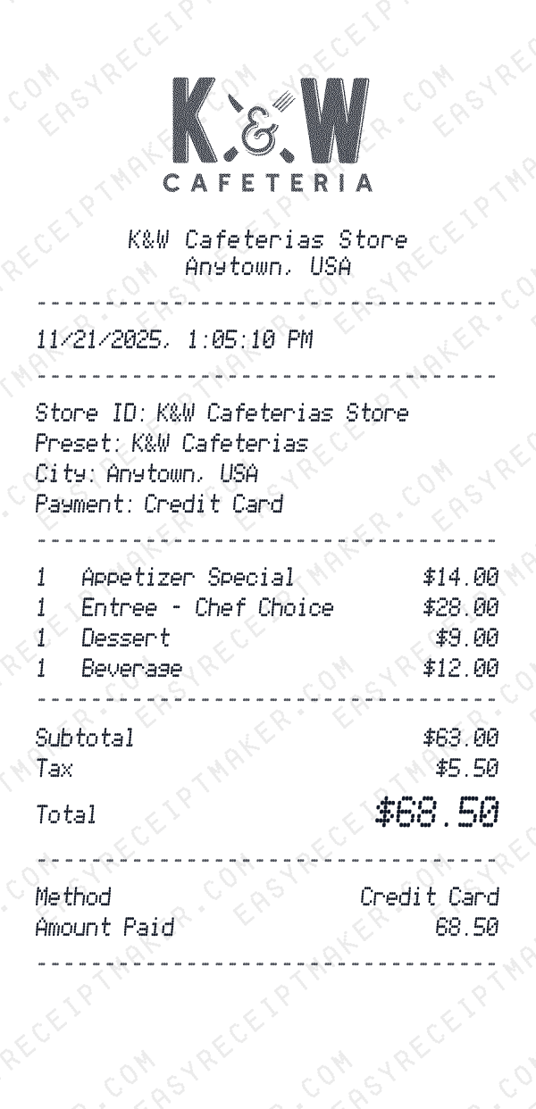 K&W Cafeterias receipt preview