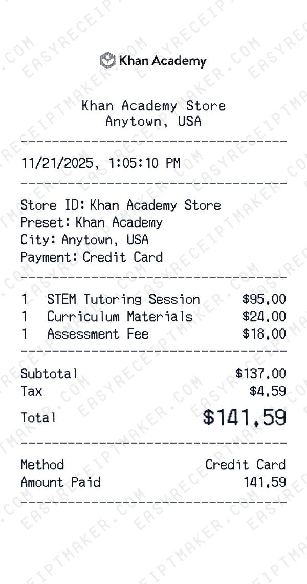 Khan Academy receipt preview