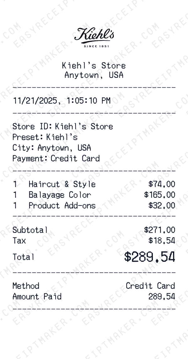 Kiehl's receipt preview
