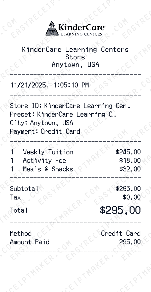 KinderCare Learning Centers receipt preview