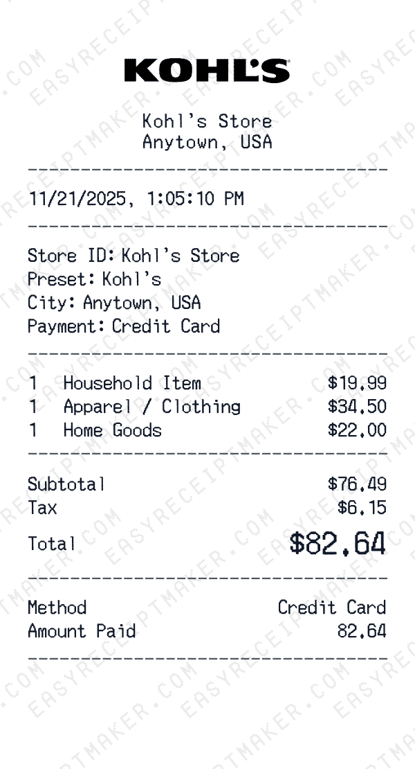 Kohl's receipt preview