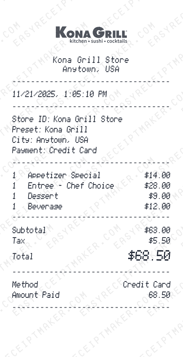 Kona Grill receipt preview