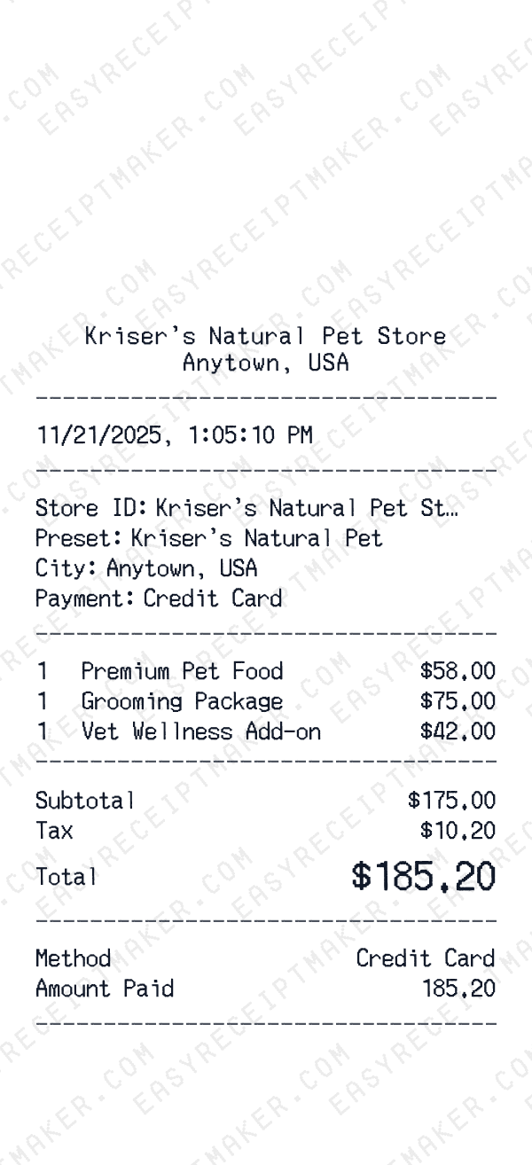Kriser's Natural Pet receipt preview