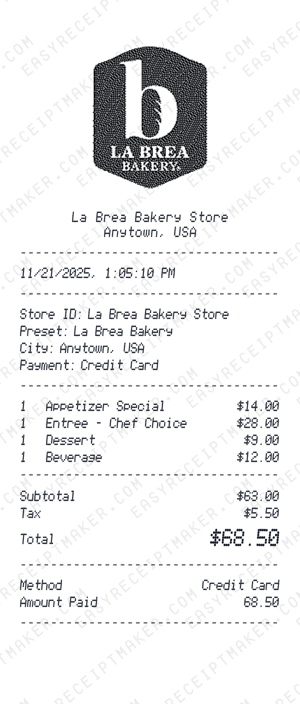 La Brea Bakery receipt preview