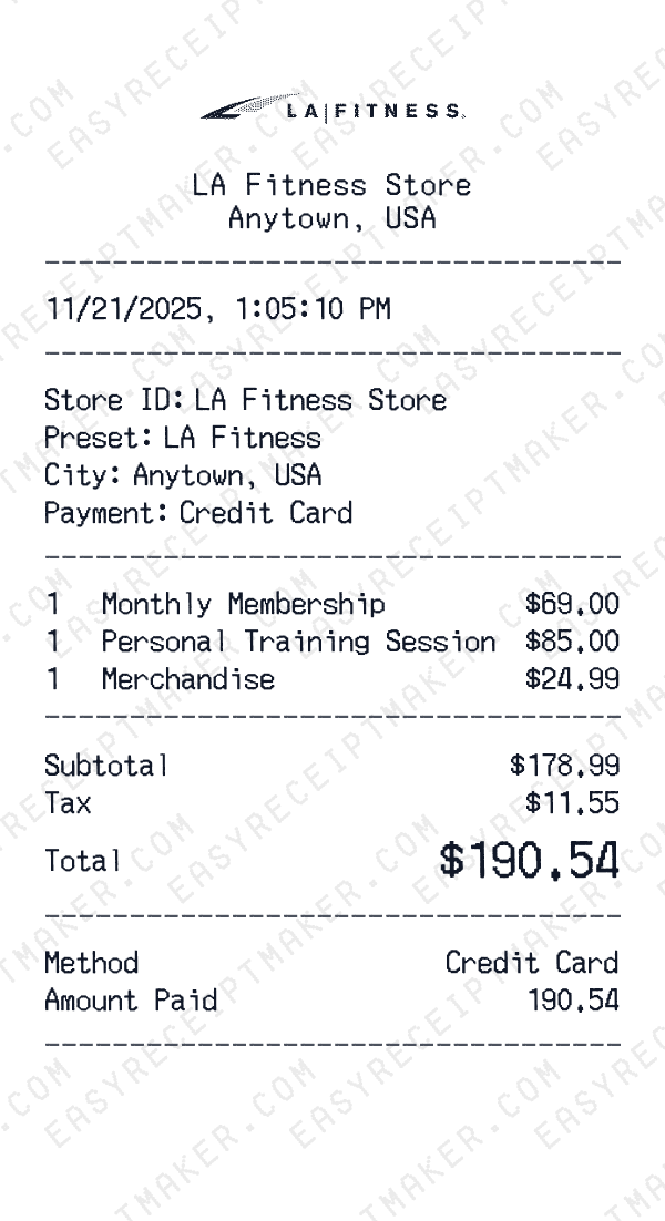 LA Fitness receipt preview